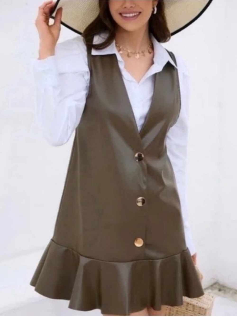 ZARA FAUX LEATHER RUFFLED
PINAFORE DRESS gold buttons DARK
GREEN SIZE XS